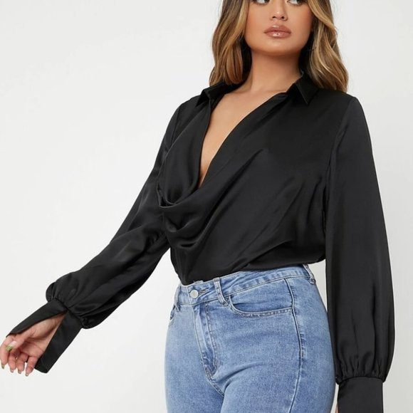 Draped Cowl Neck Long Lantern Bishop Sleeve Blouse - Satin black - Picture 2 of 6